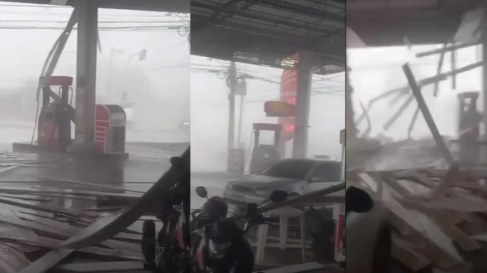 Ventania destrói parte de posto de combustível durante temporal em Porto Velho