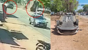 Carro capota após ser tingido por caminhonete na Avenida Governador Jorge Teixeira