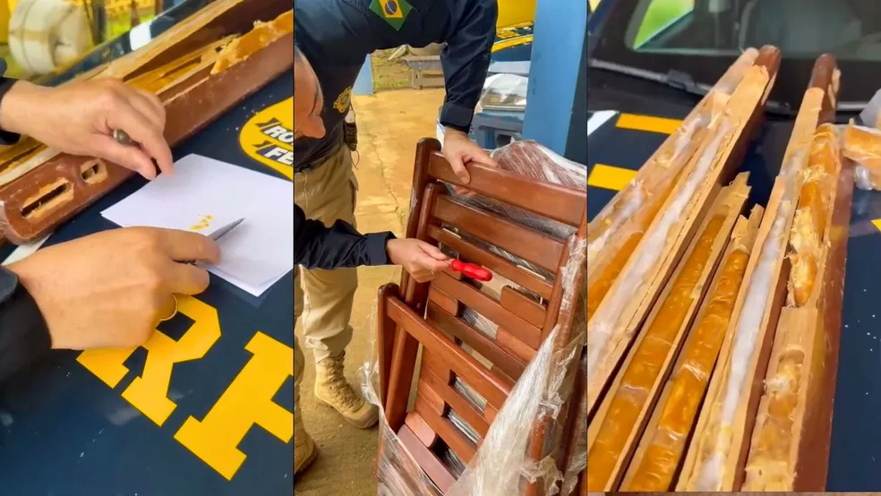 Cocaína encontrada escondida dentro de cadeiras de madeira durante fiscalização da PRF em RO — Foto: Reprodução/Polícia Rodoviária Federal (PRF)