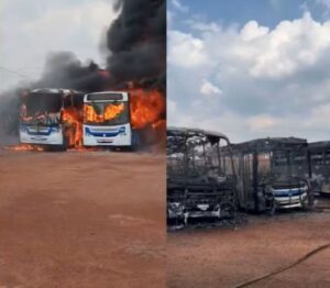 Ônibus destruídos após incêndio em Rolim de Moura (RO). — Foto: Redes Sociais/Reprodução.