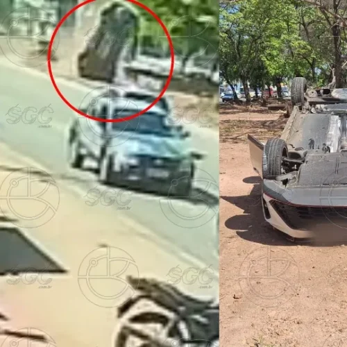 Carro capota após ser tingido por caminhonete na Avenida Governador Jorge Teixeira