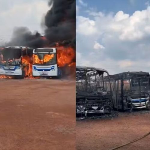 Ônibus destruídos após incêndio em Rolim de Moura (RO). — Foto: Redes Sociais/Reprodução.