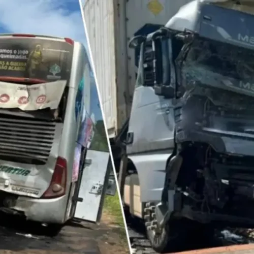 Carreta atinge ônibus da Eucatur e causa destruição na BR-364