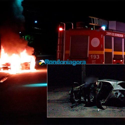 Motorista briga com o marido, perde controle de veículo e colide contra poste em Porto Velho; carro pegou fogo