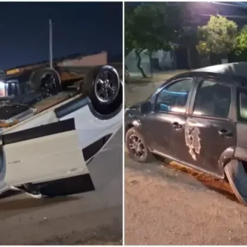 Carro capota após colidir com veículo estacionado no bairro Embratel, em Porto Velho