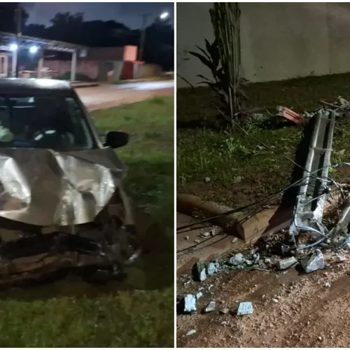 Carro derruba poste e atinge muro de residência na zona Leste de Porto Velho