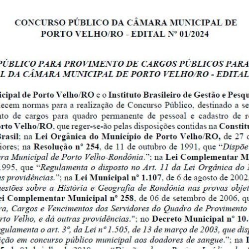 Câmara de Porto Velho divulga edital de concurso com salários de até R$ 7.771,35