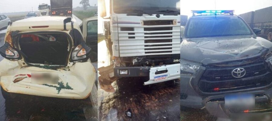 Viatura da Força Tática é atingida por carreta em engavetamento na BR-364
